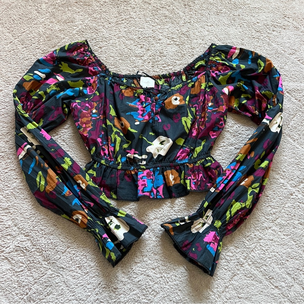 Cleobella Jasmine Floral Cotton Blouse Preppy Cottage Peasant Festival Size S